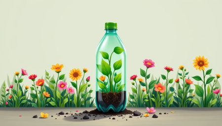 A green living illustration plastic bottle with plant growing inside and colorful flowers around, symbolizing eco friendly and nature careの素材