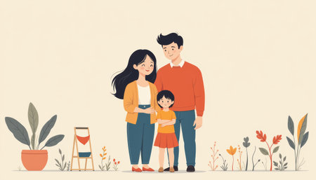 A happy family illustration mother father and daughter standing together with plants and flowers in backgroundの素材