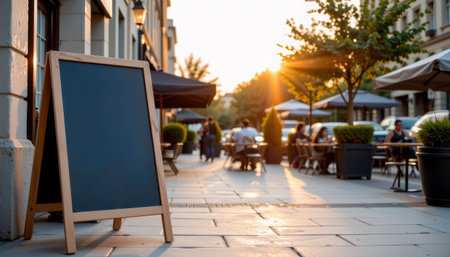 A blank chalkboard sign on sidewalk with outdoor cafe seating and people enjoying warm sunset lightの素材