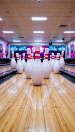 A bowling pins arranged on polished wooden lane with colorful background and bright ceiling lights creating lively atmosphereの素材