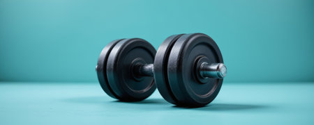 A black dumbbell on blue surface with soft lighting creating calm fitness atmosphere for strength training and exerciseの素材