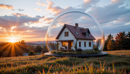A cozy house with red roof inside glass dome on grassy field during vibrant sunset with warm light and scenic skyの素材