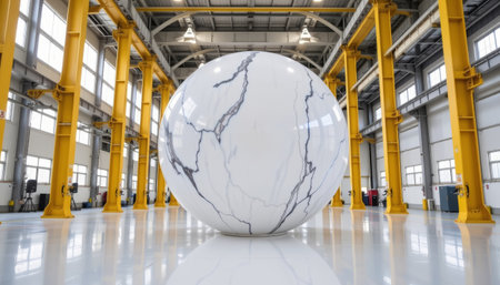 A marble sphere with black veins in spacious industrial warehouse with yellow steel beams and bright natural light creating clean modern atmosphereの素材