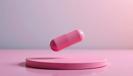A pink capsule pill floating above round platform with soft lighting and pastel background, conveying calm and health care conceptの素材