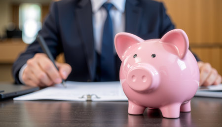 A pink piggy bank on wooden desk with businessman signing document in background, symbolizing financial planning and saving moneyの素材