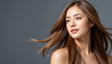 A beautiful long brown hair woman with smooth skin and natural makeup looking away with soft expression on gray backgroundの素材