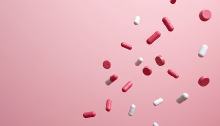A red and white pharmaceutical capsule and round tablet pills floating on pink background with soft shadows, medical concept with dynamic motionの素材