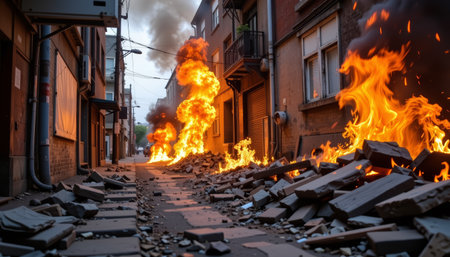 An urban alley with intense fire and smoke, broken bricks scattered on ground, creating dramatic and explosive sceneの素材