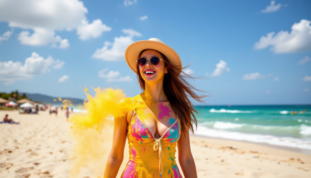 A young woman in colorful dress and hat smiling on sunny beach with blue sky and ocean waves, vibrant holi inspired colors splashの素材