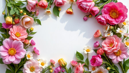 A soft pink and yellow floral bouquet with green leaves arranged in circular frame, creating delicate and cheerful springtime moodの素材