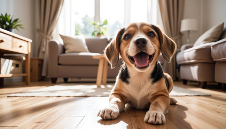 A happy beagle puppy lying on wooden floor in cozy living room with natural light and modern furnitureの素材