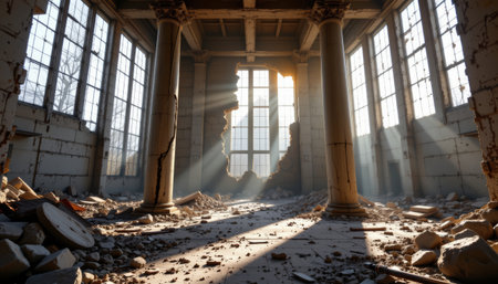 A ruined concrete room with tall columns and large windows letting sunlight through broken walls, creating dramatic light beams and shadowsの素材