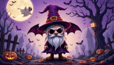 A halloween gnome with bat wings and purple witch hat stands in spooky graveyard with glowing pumpkins and flying bats under full moonの素材