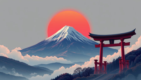 A snowy peak mountain with red torii gate and vibrant sunset sky creating peaceful and majestic landscape sceneの素材