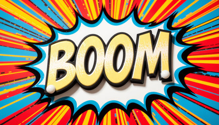 A boom comic book explosion text with colorful red yellow and blue burst background in pop art style, dynamic and energetic expressionの素材