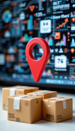 A location marker with shipping parcels and digital data screen in background showing logistics and delivery trackingの素材