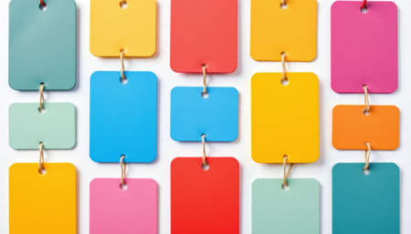 A colorful hanging promo labels in various shapes and sizes create vibrant and cheerful display with bright tones and smooth surfacesの素材