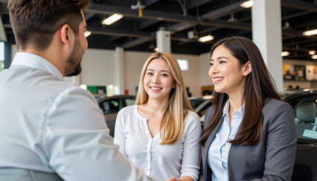 A smiling young women talking to man in car showroom with cars in background, creating friendly and positive atmosphereの素材
