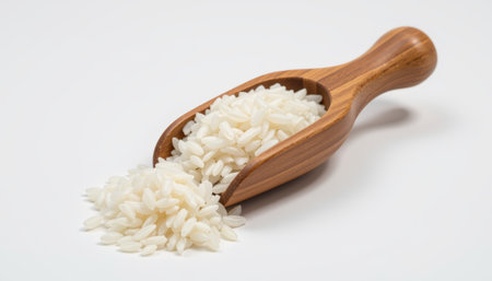 A white rice grains spilling from traditional wooden scoop on clean white background, showcasing natural texture and simplicityの素材