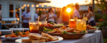 Casual outdoor catering setup with plates of sandwiches, fresh vegetables, and refreshing drinks during warm sunset gatheringの素材
