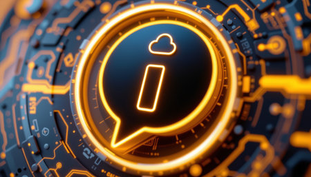 Information icon technology digital glowing circuit board futuristic communication data cloud network interface electronic button symbol neonの素材