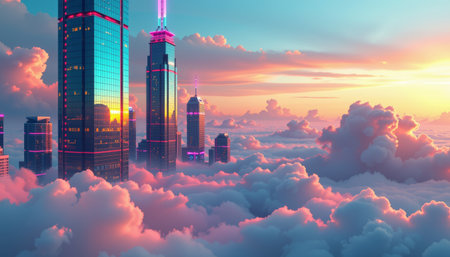 Futuristic skyscraper cityscape with vibrant neon lights glowing above soft clouds at colorful sunset skyの素材