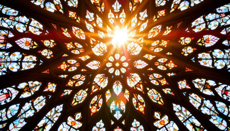 Stained glass window with intricate colorful patterns illuminated by bright sunlight creating warm and radiant atmosphere inside buildingの素材