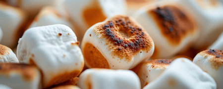 Toasted marshmallow closeup showing detailed burn texture with golden brown and white soft surface, evoking warm and cozy feelingの素材