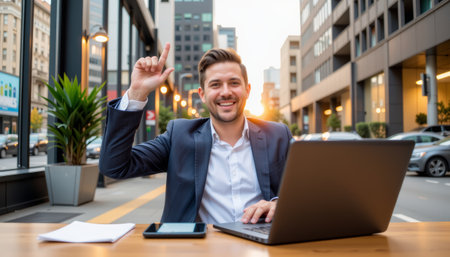 A young businessman smiling and raising hand while working on laptop outdoors in city street at sunsetの素材