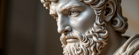 An ancient hero marble bust closeup with detailed curly hair and beard showing intense facial expression in soft lightingの素材