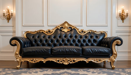 A luxurious black leather sofa with ornate gold frame in elegant classic room featuring wall sconces and decorative rugの素材