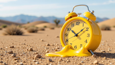 A yellow alarm clock melting in desert sand with blurred mountains and dry plants in background, surreal and vibrant concept of timeの素材