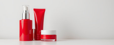 Red cosmetic container red cosmetic tube red cosmetic jar skincare product beauty product cosmetic packaging white background moisturizerの素材