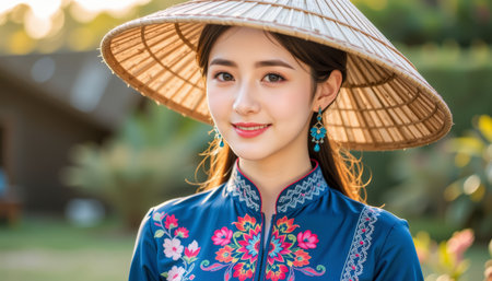 Young woman wearing traditional blue floral dress and conical hat smiling outdoors in soft sunlightの素材