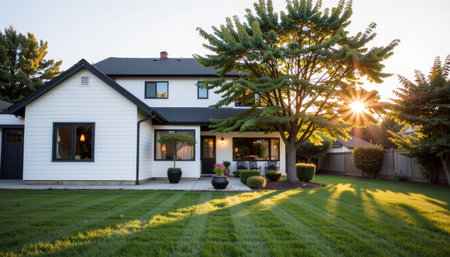 Modern white house with large green lawn and tree at sunset, peaceful suburban backyard with patio and outdoor seating areaの素材