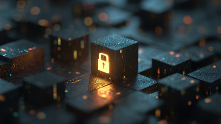 Digital security concept with glowing lock icon on futuristic circuit cube, technology protection and data encryption in dark backgroundの素材
