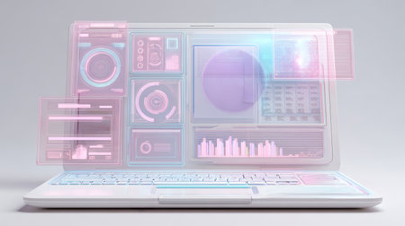 Holographic futuristic interface with charts and data visualizations displayed above white laptop keyboard in modern settingの素材