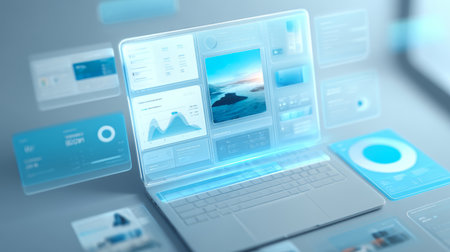 Futuristic laptop with transparent digital interface displaying charts, graphs, and images in modern technology settingの素材
