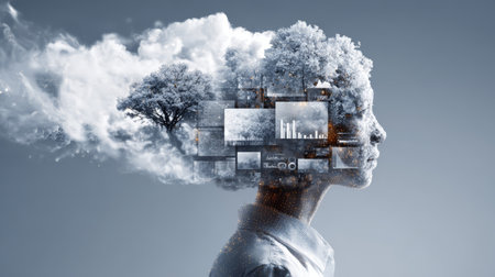 Surreal profile of person with trees and digital data screens blending into their head, symbolizing nature and technology fusionの素材