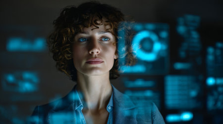 Young woman with curly hair analyzing futuristic digital data interface with blue holographic charts and graphs in dark roomの素材