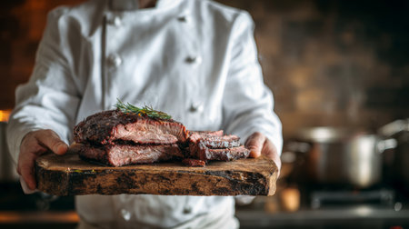 Grilled sliced beef steak on wooden cutting board held by chef in white uniform, fresh herbs garnish, warm kitchen backgroundの素材