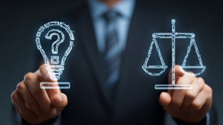 Innovative business concept showing businessman holding digital light bulb with question mark and justice scale symbol, symbolizing decisionの素材
