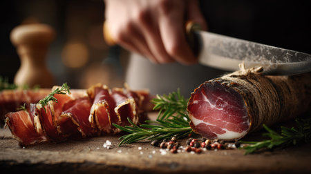 Cured meat being sliced on wooden board with fresh rosemary and peppercorns, creating rustic and appetizing sceneの素材