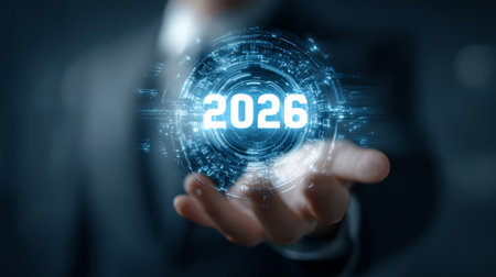 Future year 2026 glowing in digital hologram above hand, technology innovation concept with blue light and circuit designの素材