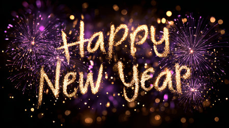 Happy New Year greeting with golden sparkling text and purple fireworks celebration background with festive lightsの素材