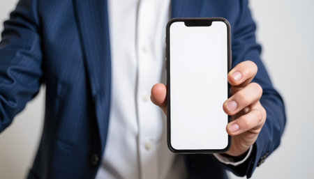 Business phone smartphone blank screen closeup hand suit jacket white shirt male adultの素材