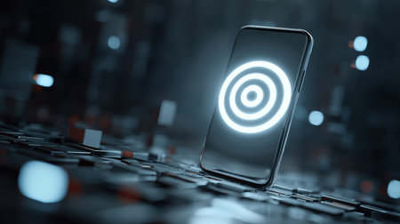 Smartphone with glowing target symbol on screen standing on futuristic digital surface in dark environment, technology conceptの素材