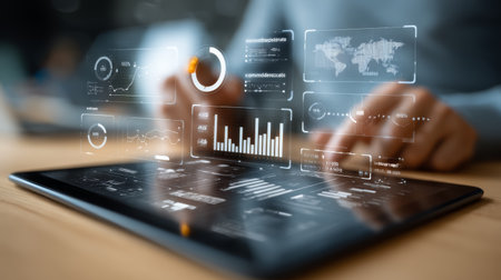 Digital tablet with futuristic data analytics interface showing charts and graphs, hands interacting with virtual screen modern office environmentの素材