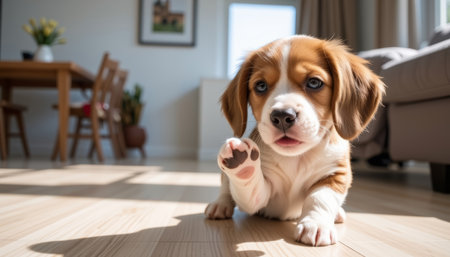 Cute beagle puppy with blue eyes lying on wooden floor in bright living room playfully raising pawの素材