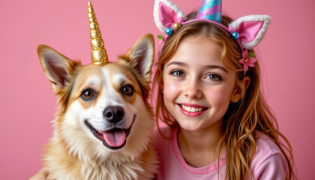Happy child and dog wearing unicorn headbands smiling together on pink background, joyful friendship and playful fantasy moment capturedの素材